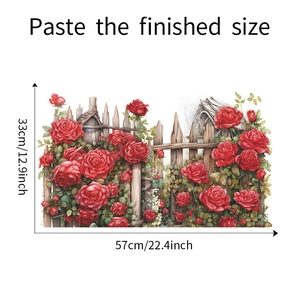 Detail showing dimensions of red rose and fence wall sticker for home decoration