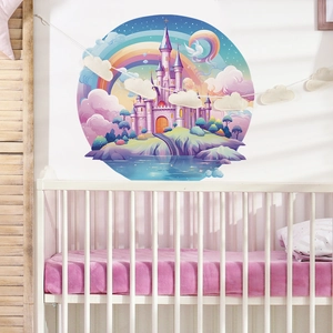 Round watercolor dream castle wall sticker for kids bedroom with rainbow and stars decor