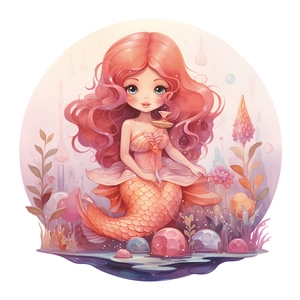 Sticker mural rond sirène de dessin animé avec cheveux roses et décor océan de rêve
