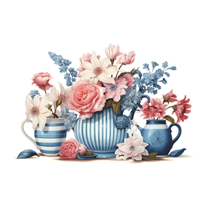 Creative floral vase wall sticker with blue ceramic pots and pink roses for home decor