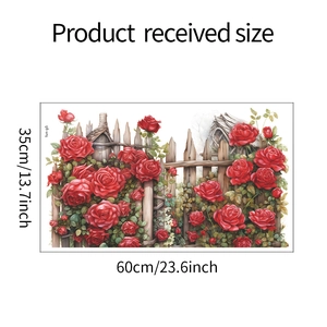 Detail of 35x60cm wall sticker sheet with red roses, fence, and birdhouse patterns