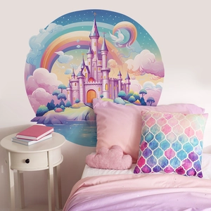 Watercolor Dreamy Castle Rainbow Wall Stickers For Kids Bedroom Nursery PVC Removable Self Adhesive Round Wall Decals