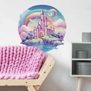 Detail of round wall sticker with dreamy pink castle, rainbow and clouds in kids bedroom
