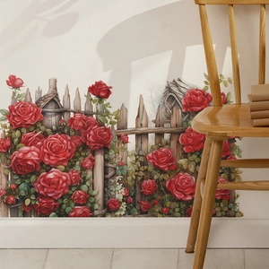 Romantic red rose and wooden fence wall sticker for living room and bedroom home decor