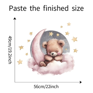 Detailed size chart showing dimensions of the cartoon bear on moon wall sticker