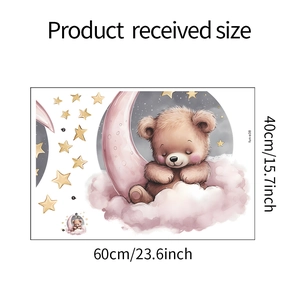Detailed product size layout showing a cartoon bear on a moon wall sticker 60x40cm