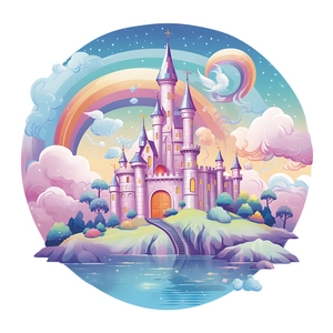 Dreamy watercolor castle wall decal with rainbow and clouds for kids bedroom decor