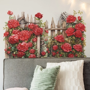 Romantic Red Rose Wooden Fence Wall Sticker PVC Self-Adhesive Floral Decal For Valentine Bedroom Living Room Home Decoration