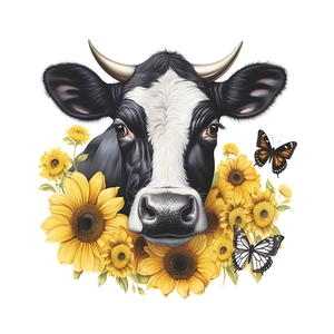 Sticker mural vache et tournesol pour décoration de maison avec détails de papillons
