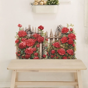 Romantic red rose and wooden fence wall sticker for home living room decoration