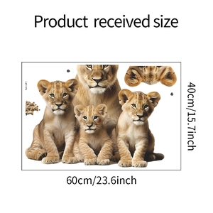 Detailed dimensions of lion wall stickers showing a 60x40cm sheet with cubs and adult lion