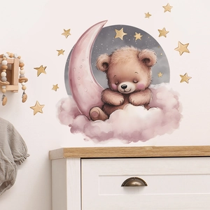 Cartoon Sleeping Bear Pink Moon Stars PVC Wall Stickers Watercolor Nursery Kids Room Home Decor Aesthetic Wall Decals