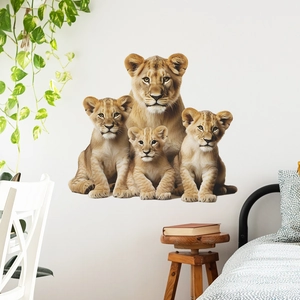 Detailed interior view of realistic lion family wall decals on a modern white bedroom wall
