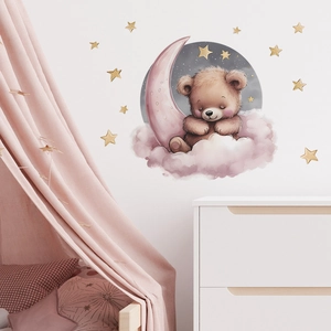 Cartoon sleeping bear on pink moon and clouds wall sticker for kids room decor