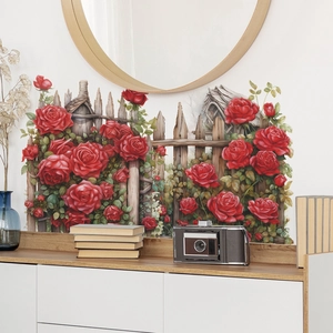 Romantic red rose and fence wall decals for living room home decor wall art