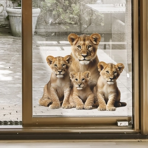 Cartoon lion family glass door sticker with realistic mane texture for home decor