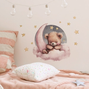Cartoon sleeping bear on pink moon and gold stars wall sticker for kids' bedroom decoration