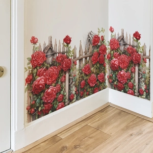 Close-up of romantic red rose garden wall stickers with rustic wooden fence texture