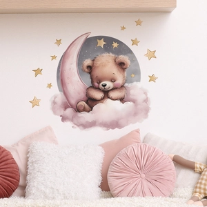 Cute brown bear sleeping on pink moon and cloud wall decal with gold star stickers