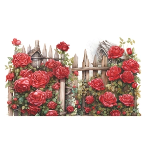 Romantic red rose wall decal with vintage wooden fence and birdhouse for bedroom decor