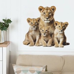 Self-adhesive wall sticker featuring a realistic lion family for home living room decor