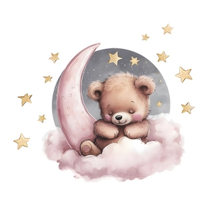 Cute sleeping bear on pink moon and clouds wall sticker set for kids room decoration