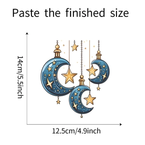 Detailed size chart for blue and gold crescent moon and stars self-adhesive wall stickers