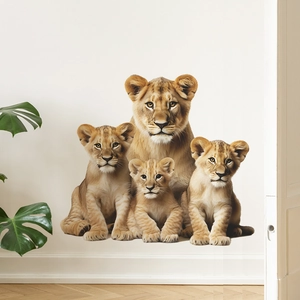 Self-adhesive wall sticker featuring a realistic lion family for home and nursery decor
