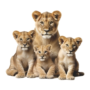 Self-adhesive wall sticker featuring a realistic lioness with three cubs for home decoration