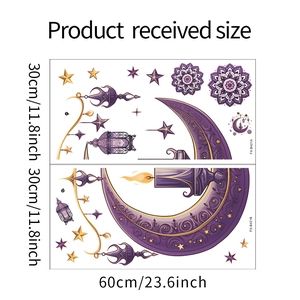 Detailed size specifications for purple Ramadan crescent moon and lantern wall stickers