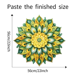 Detailed view of green and yellow mandala wall sticker showing 56cm x 56cm dimensions