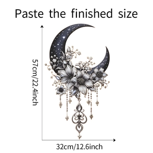 Floral moon wall sticker detail showing size 57x32cm with elegant hanging bead chains