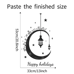 Detailed dimension guide for black Moon and Stars holiday wall sticker with Happy Holidays text