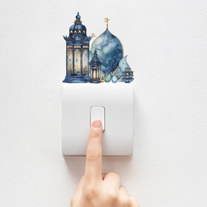 Blue hand-painted Ramadan wall stickers with lanterns and mosque for light switch decor