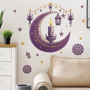 Purple Ramadan moon and candle wall stickers with mandala stars for home decoration