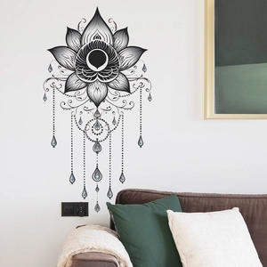 Adesivo Murale Mandala Loto Bohémien in PVC Removibile Stile Zen Decalcomania da Parete per Soggiorno Camera da Letto Nero