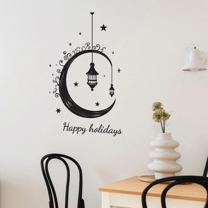 Star and moon lantern wall sticker with Happy Holidays text for home festive decoration