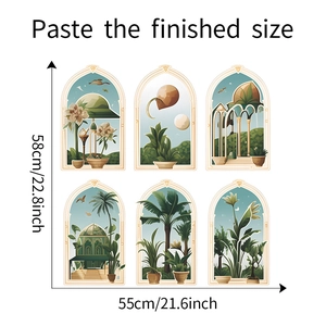 Detailed size chart for 6-piece arch window wall stickers with floral and palm patterns
