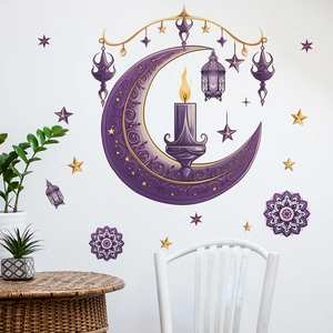 Ramadan wall stickers featuring purple moon and lanterns in a cozy interior setting