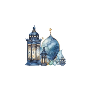 Blue watercolor Ramadan wall sticker featuring lanterns, moon and stars in starry arch