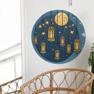 Adesivo Murale Ramadan Luna Stelle Lanterna PVC Rotondo Eid Mubarak Decalcomania Per Soggiorno Camera Bambini Decorazione Casa