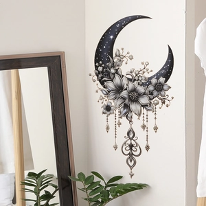 Floral moon wall sticker with dreamcatcher pendant for elegant bedroom decoration