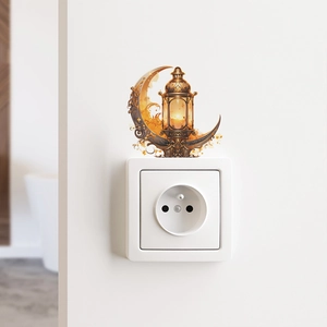 Golden crescent moon and vintage lantern wall sticker above white light switch