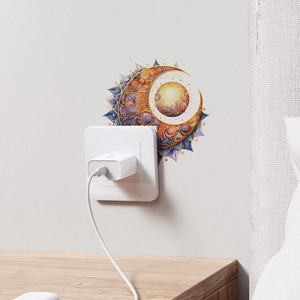 Artistic sun and moon mandala wall sticker for socket decoration in orange and purple