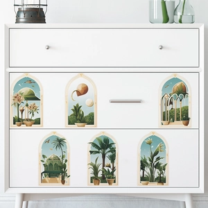 Detail view of 6 arched window plant stickers on a white drawer cabinet