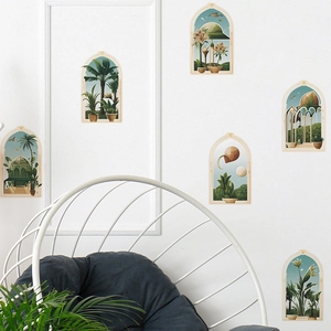 Tropical arched window wall decals with palm trees and plants for home decoration