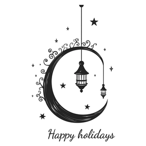 Star and moon wall decal with hanging lamps and Happy Holidays text for home decor
