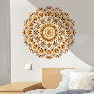 Close-up of bohemian mandala wall sticker with intricate yellow and brown geometric patterns