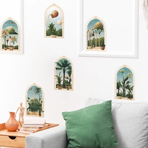 DIY wall decals with green potted plants and Mediterranean arch window designs set of 6