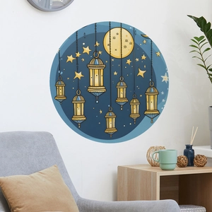 Adesivo murale cielo stellato con lanterne dorate e luna per decorazione camera dei bambini